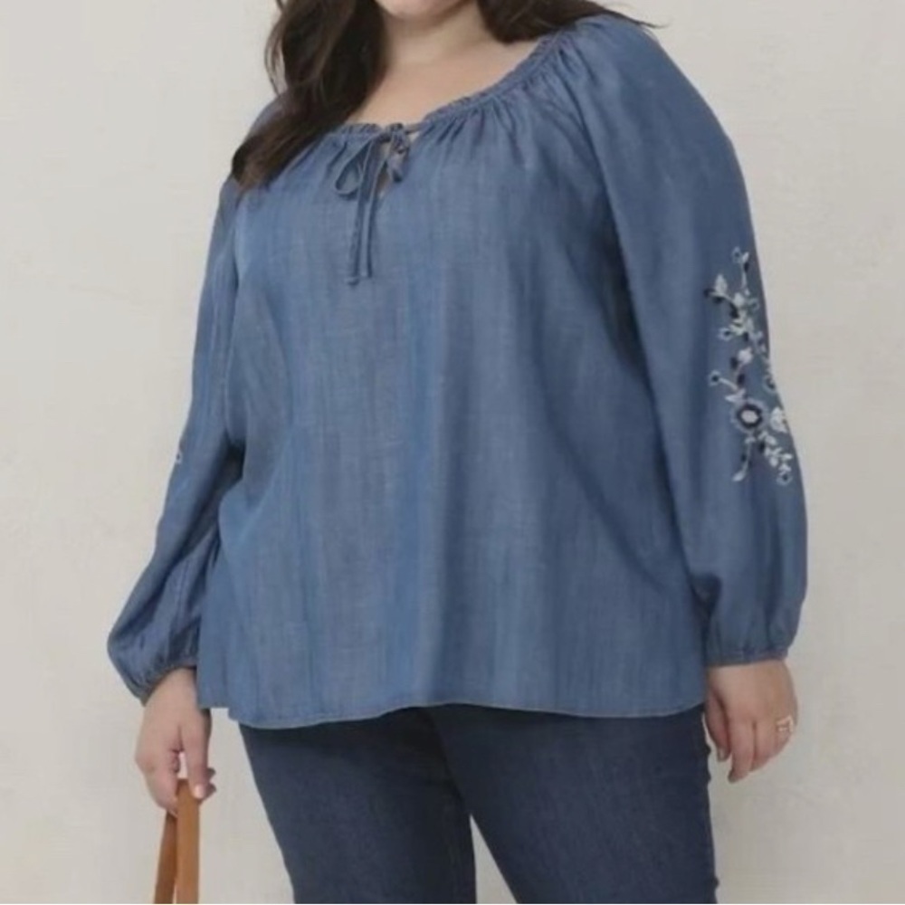 LC Lauren Conrad Tie-Front Peasant Top Embroidered Boho Chambray Long Sleeve XXL